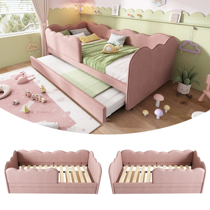 Single bed 90x190 with pull-out bed – Pink velvet pull-out bed
