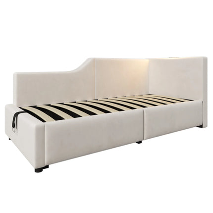 Single storage bed (90x200cm) – Velvet daybed with light &amp; USB-C, Beige