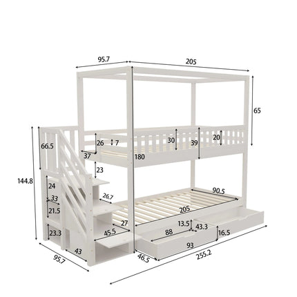 Einzel-Hochbett (90x200cm) – bietet Platz für 2 Personen. Massives weißes Holz mit Stauraumtreppe und Schubladen.