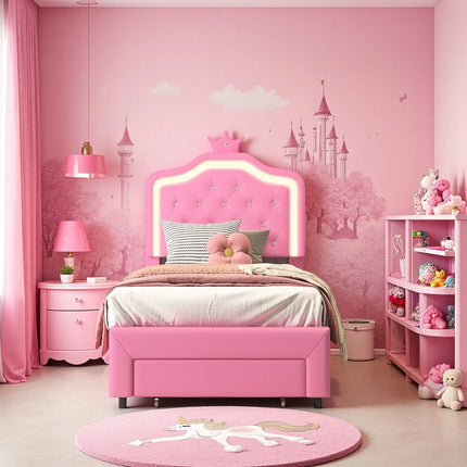 Single bed 90x200 – Princess design with storage drawer Pink