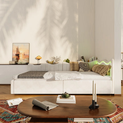 Single storage bed (90x200 cm) with hydraulic storage – Beige velvet