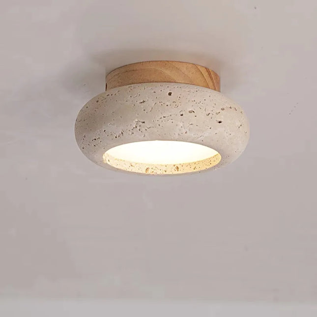 LED-Deckenleuchte aus gelbem Travertin und Holz