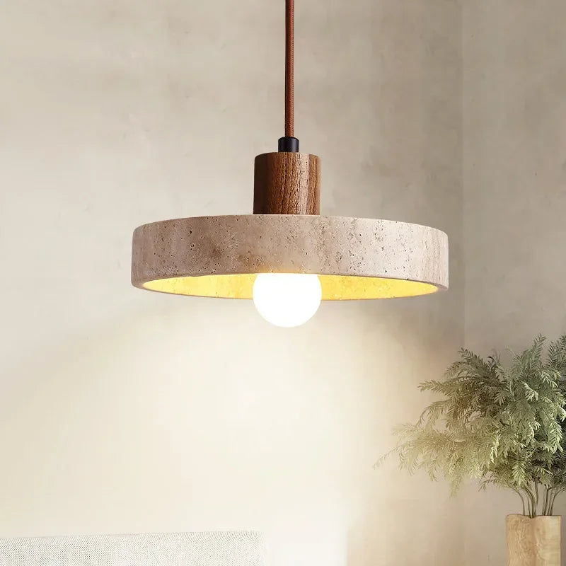 Travertine Stone and Circular Wood Pendant Light