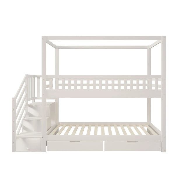 Lit mezzanine 1 place 90x200 – 2 couchages Bois massif blanc avec escalier rangement et tiroirs