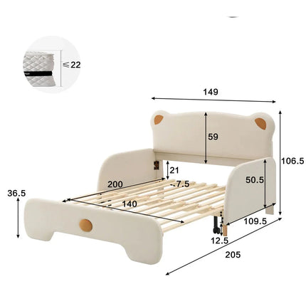 Children's double bed 140x200 – Bear design in beige velvet