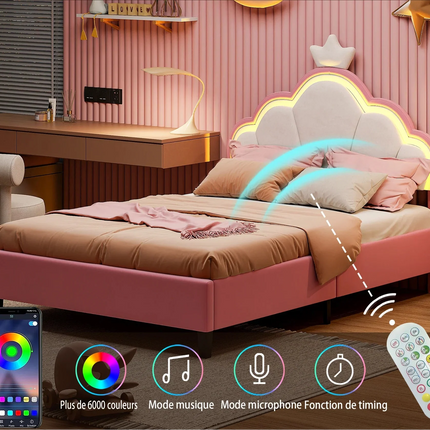 Einzelbett 90x200 – Prinzessinnen-LED-Design mit rosa Kronen-Kopfteil
