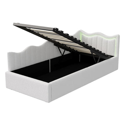 Single storage bed (90x200 cm) with hydraulic storage – Beige velvet