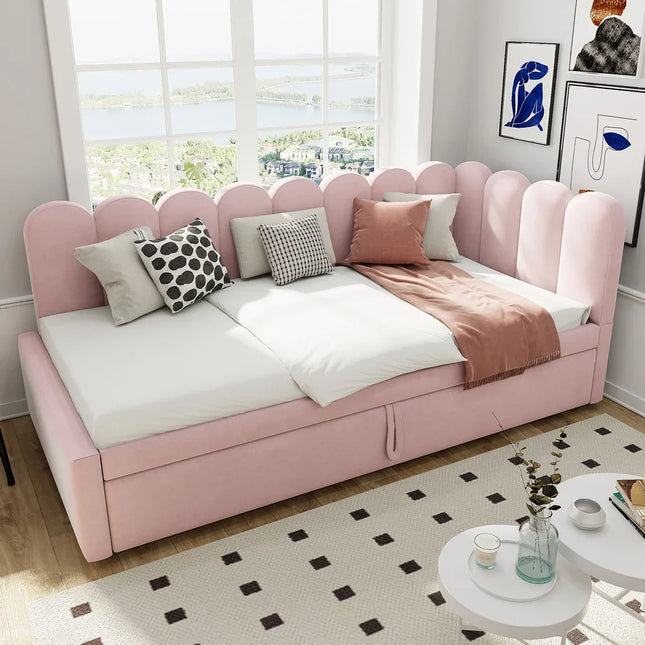 Lit gigogne 1 place 90x190 extensible – Velours rose design pétale