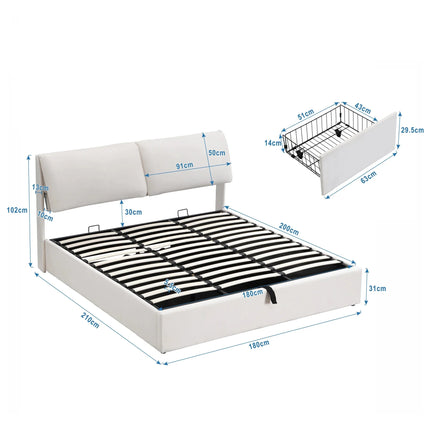 180x200cm Storage Bed – White Velvet &amp; Adjustable Headboard