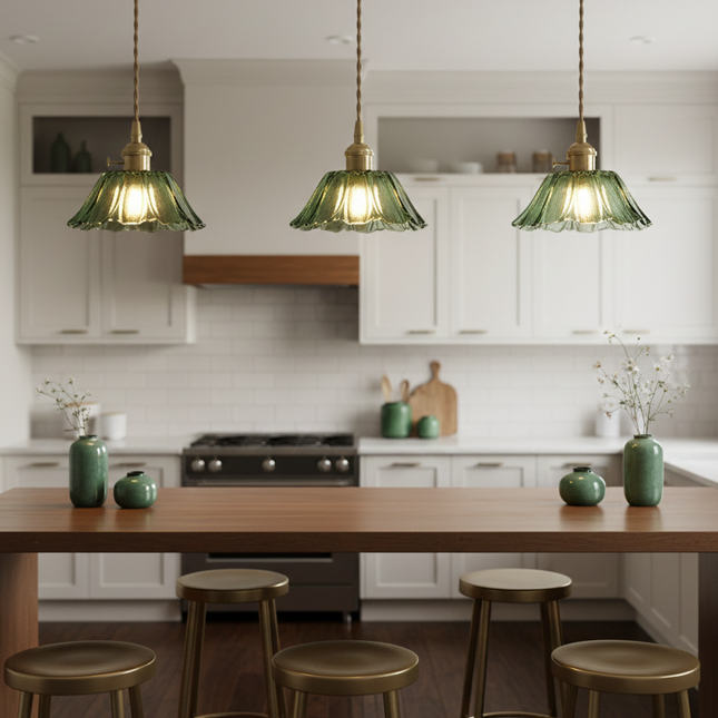 Suspension cuivre & verre rétro style fleuri vert