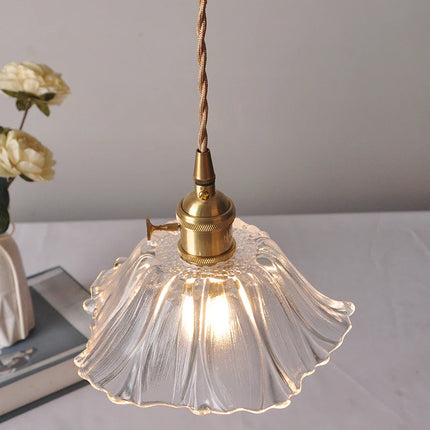 Suspension cuivre & verre rétro style fleuri transparant