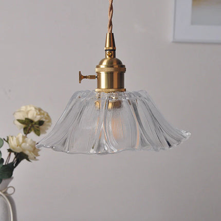 Suspension cuivre & verre rétro style fleuri transparant