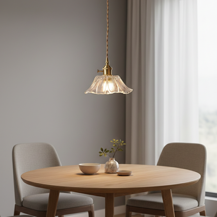 Suspension cuivre & verre rétro style fleuri transparant