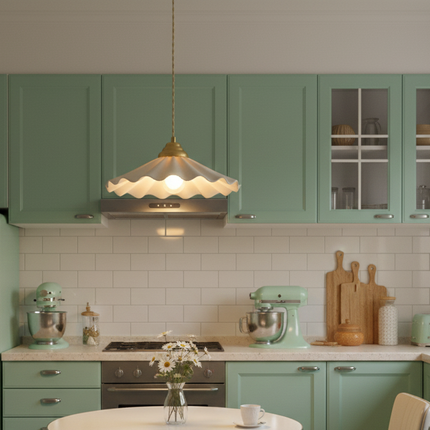 Suspension en céramique et cuivre avec abat-jour ondulé vintage