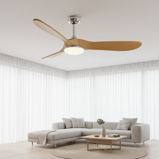 Ventilateur Plafond Silencieux Vintage avec LED - Argent et Bois Naturel