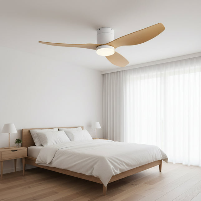 Silent LED Ceiling Fan - White &amp; Light Wood ABS