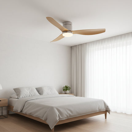 Leiser Deckenventilator mit integrierter LED – Silber &amp; Hellholz ABS