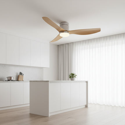 Leiser Deckenventilator mit integrierter LED – Silber &amp; Hellholz ABS