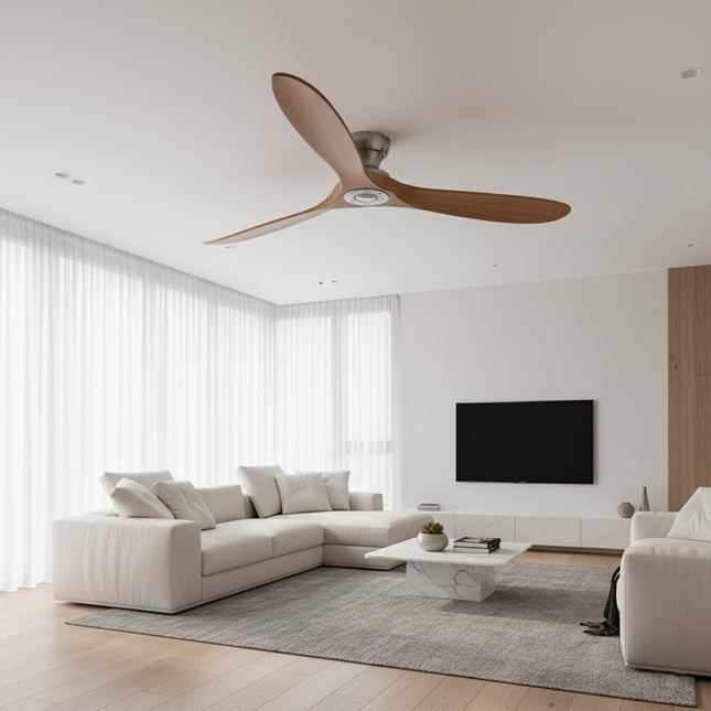 Ventilateur de Plafond en Bois Massif – Bois Naturel et Argent