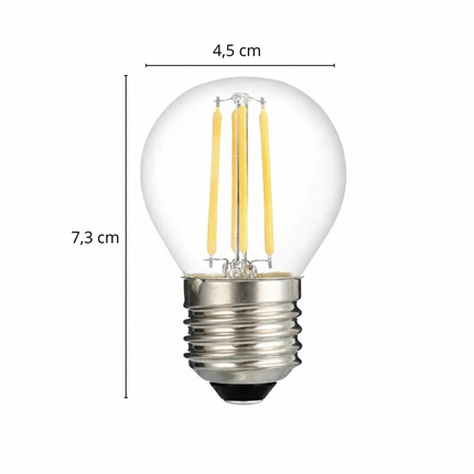 Dimensions ampoule LED E27 G45 — diamètre 4,5 cm, hauteur 7,3 cm