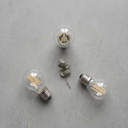 Trois ampoules LED à filament E27 G45 posées sur béton gris, branche d'eucalyptus, vue de dessus