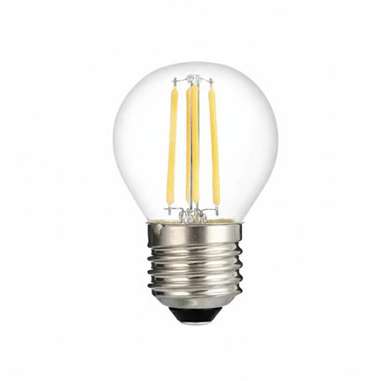 Ampoule LED à filament E27 G45 4W fond blanc, culot nickel, verre transparent