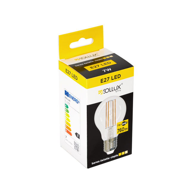 Emballage de l'ampoule LED E27 filament 3000K 7W 760 lumens, classe énergétique F