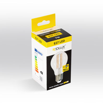 Boîte de l'ampoule LED E27 filament vue de profil, 7W équivalent 60W, 760 lumens