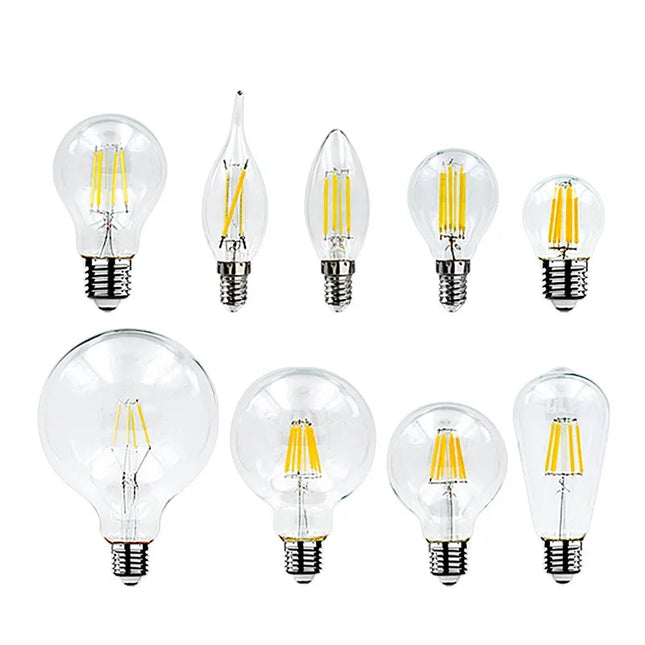 Gamme d'ampoules LED filament Edison : ampoule, tube, bougie, flamme, golf et globes en verre