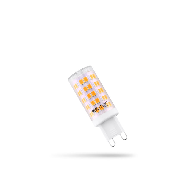 Ampoule LED G9 4000K blanc neutre posee sur fond neutre, vue packshot