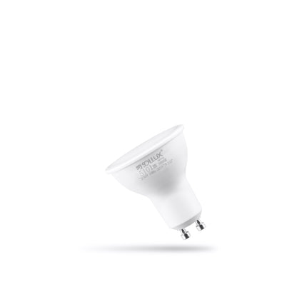 Ampoule LED GU10 3000K blanc chaud posee sur fond neutre, vue packshot