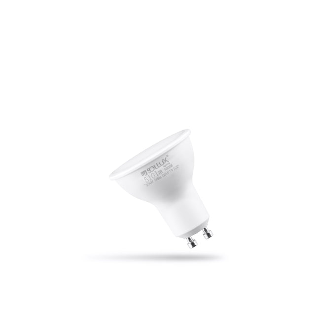 Ampoule LED GU10 3000K blanc chaud posee sur fond neutre, vue packshot