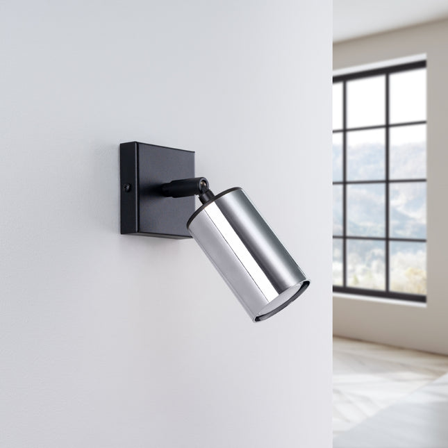 Applique Acier Luxe Noir/Chrome allumée, ampoule visible