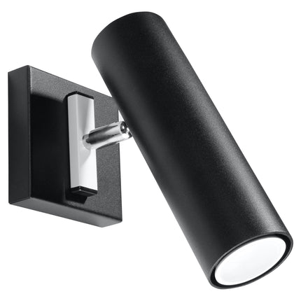 Applique murale acier orientable minimaliste noire, spot cylindrique sur fond blanc