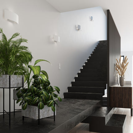 Appliques Arc blanches sur un mur d'escalier design, entourées de plantes vertes