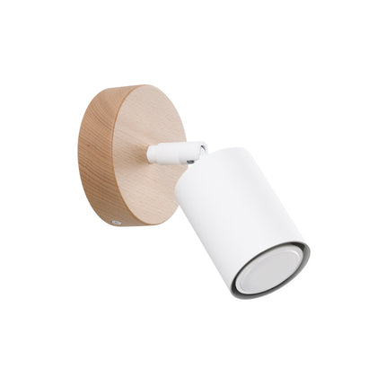 Applique murale bois clair et acier blanc, spot orientable GU10, vue de face