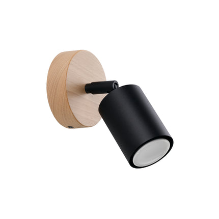 Applique murale bois clair et acier noir, spot orientable GU10, vue de face