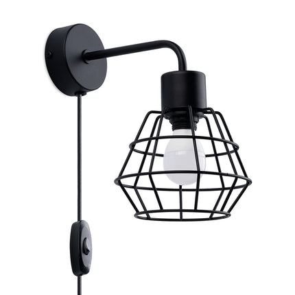 Applique murale Cage Moderne noire en acier avec bras coudé, cage filaire losange et cordon à fiche