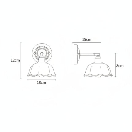Schéma des dimensions de l'applique murale céramique: abat-jour 18 cm, hauteur 8 cm, avancée 15 cm, platine 12 cm
