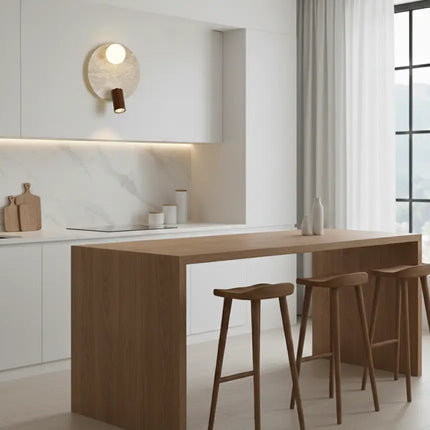 Applique murale en travertin avec globe et projecteur en bois