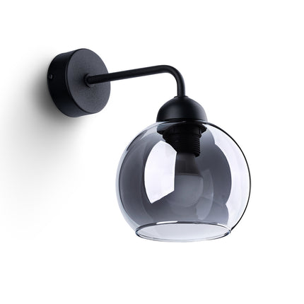 Applique murale Cloche en verre fumé noir, globe rond et bras en acier noir mat, vue de face