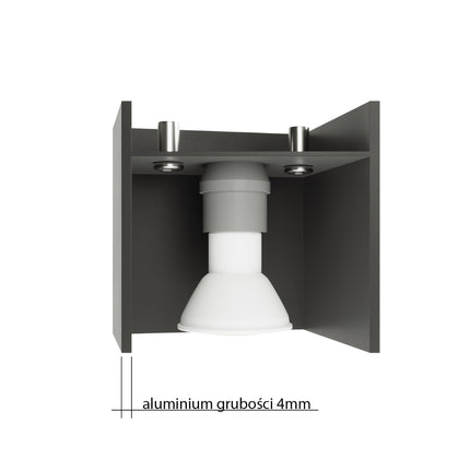 Coupe technique de l'applique cube anthracite, aluminium 4 mm et logement de l'ampoule