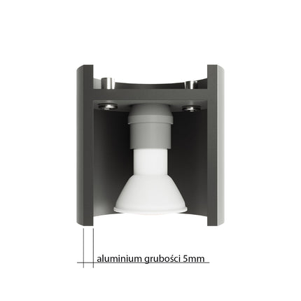 Vue en coupe d'un cylindre d'applique montrant la douille GU10 et le corps en aluminium de 5 mm d'épaisseur.