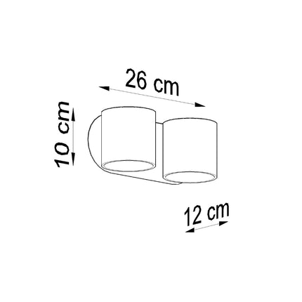 Schéma coté de l'applique double : 26 cm de large, 12 cm de profondeur et 10 cm de hauteur.