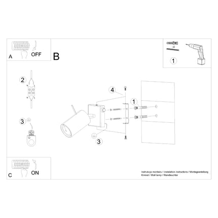 Détail du socle et de l'interrupteur intégré de l'applique directionnelle en acier blanc
