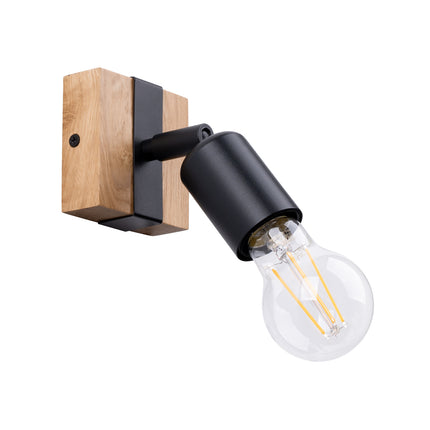 Applique murale Élégance Bois Noir, socle en bois naturel et tête en métal noir avec ampoule décorative apparente