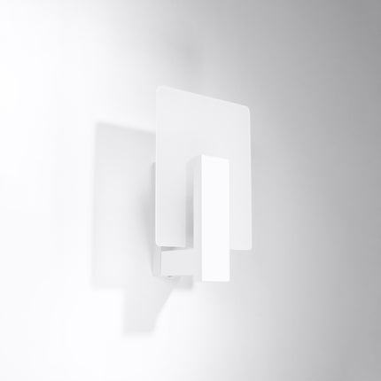 Applique Envol Géométrique blanc fixée au mur, panneau de verre dépoli et bloc de bois