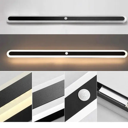 Détails de l'applique extérieure LED noire : finition aluminium, diffuseur et détecteur de mouvement