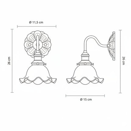 Schéma des dimensions de l'applique murale fleur en laiton et verre dépoli