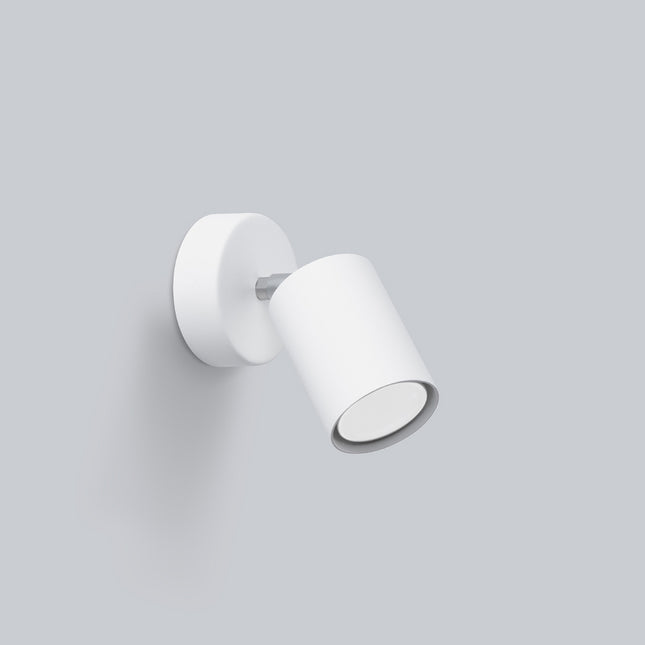 Applique Focus Moderne blanc vu de profil, articulation chromée et tête cylindrique en acier.